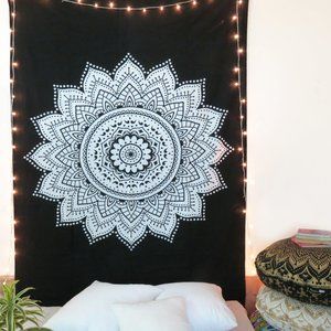 Boho Black Cotton Mandala Ombre Tapestry for Beach